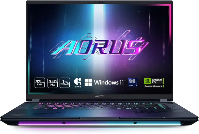 GIGABYTE AORUS MASTER 16 AM6H gaming laptop shown open from the front