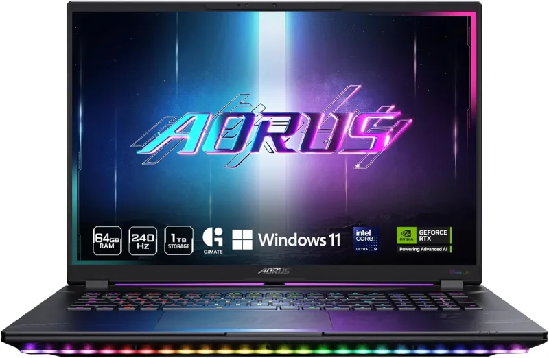 GIGABYTE AORUS MASTER 18 AM8H gaming laptop shown open from the front